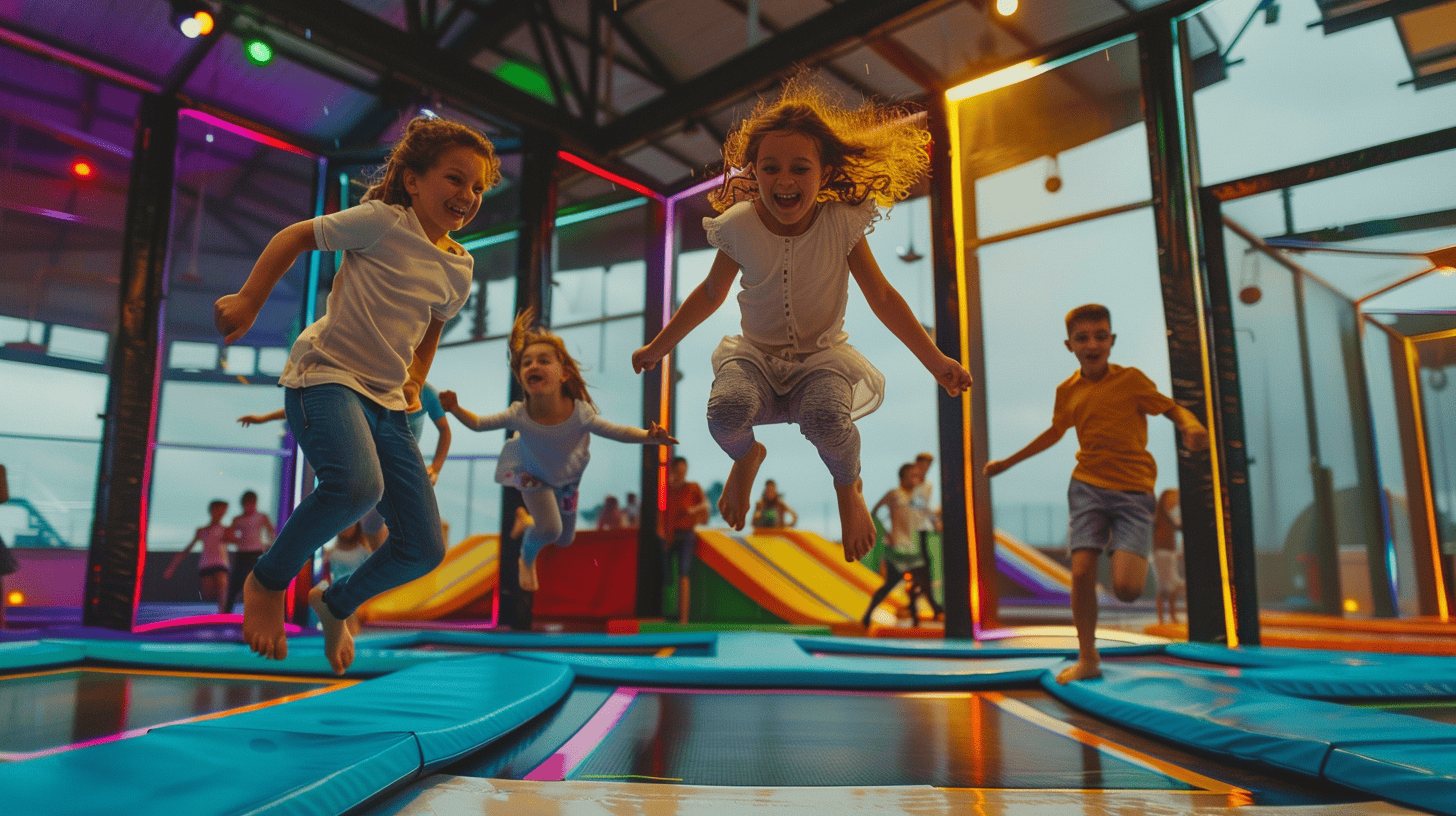 Kinder springen fröhlich auf Trampolinen in einer bunten Indoor-Spielhalle mit leuchtenden Farben und fröhlicher Atmosphäre.