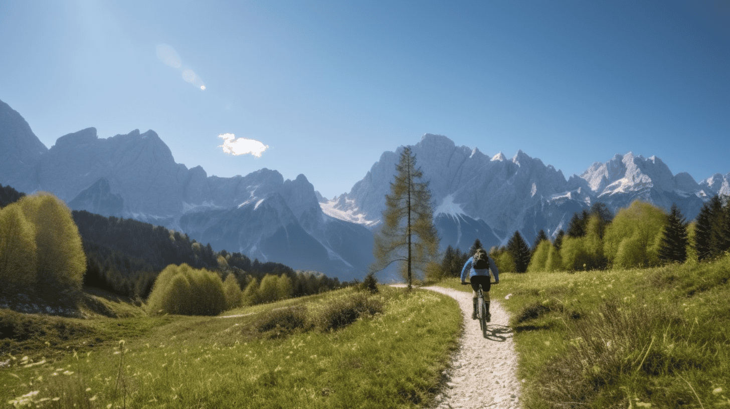 u1856739334_E-bike_rider_on_a_scenic_trail_in_the_Tyrolean_Al_3734ab8c-2f4b-4987-9bc1-cab04b50e450_3 E-Biker fährt auf einem Naturweg durch blühende Almwiesen mit Blick auf das Karwendelgebirge in Seefeld, Tirol, an einem sonnigen Frühlingstag.