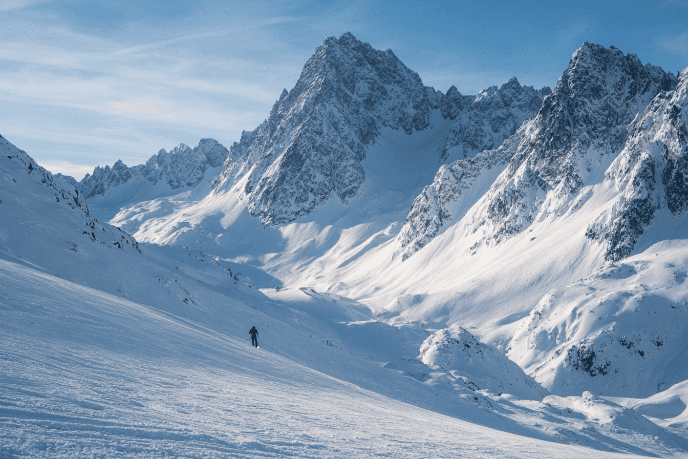 Sonnenaufgang über einer verschneiten Skipiste in Tirol, einsamer Skifahrer auf weiter Fläche, umgeben von majestätischen Alpen, klare Winterluft, natürliche Farben, realistisches Licht, ultrarealistic, 4K, --ar 3:2