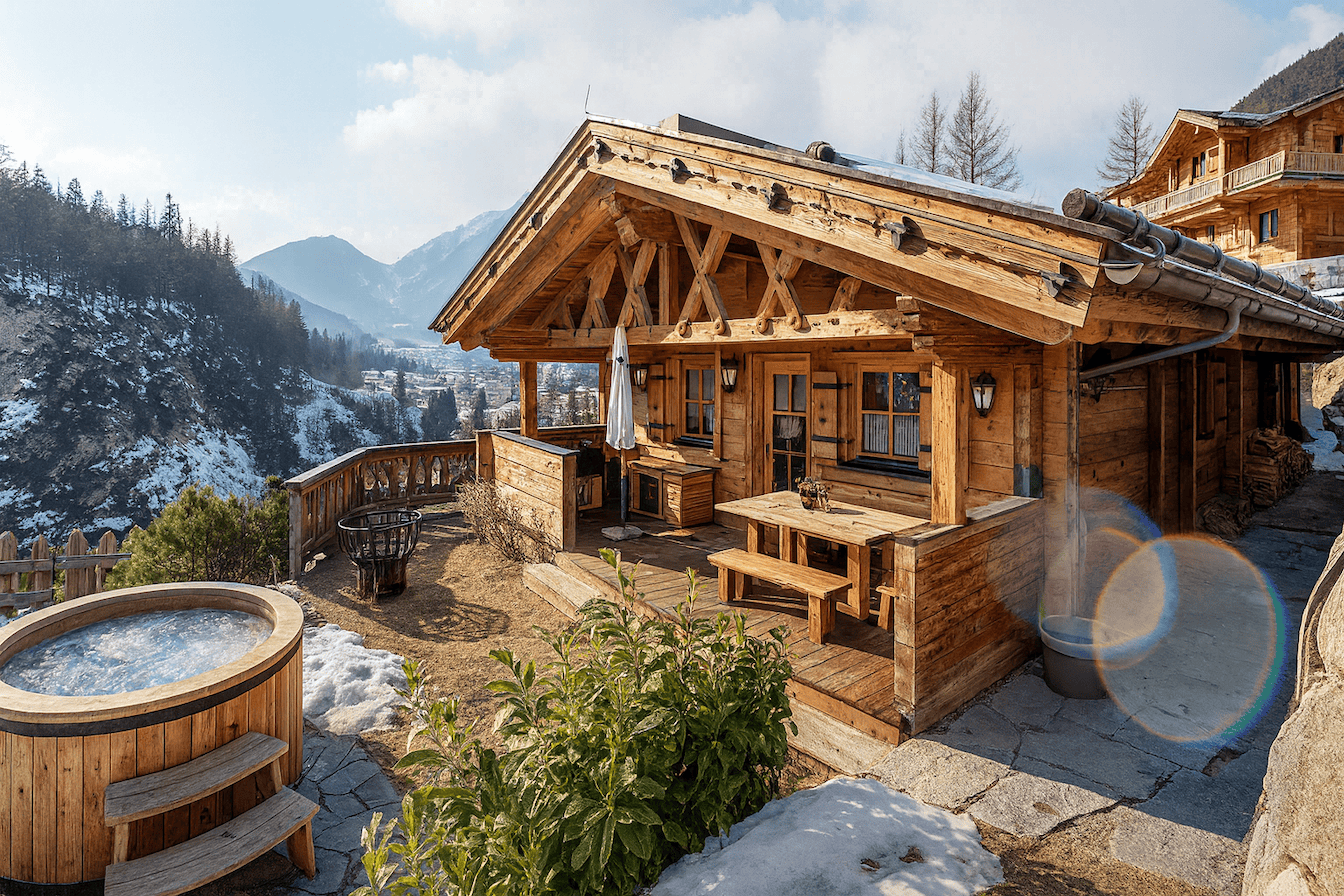 Romantische Almhütte im Karwendel mit Holzterrasse, Sitzbank und Whirlpool im Garten, Blick auf verschneite Berge und sonniges Tal.