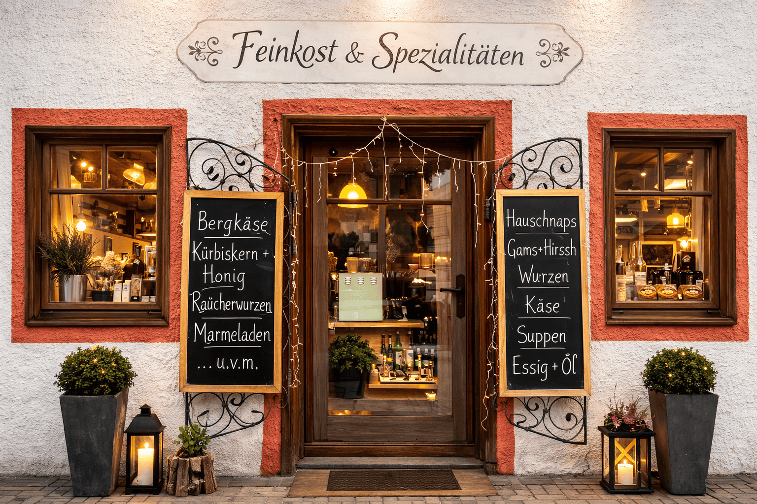 Traditioneller Feinkostladen in Leutasch bei Seefeld mit handbeschrifteten Tafeln, regionalen Spezialitäten und alpiner Architektur in Tirol